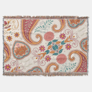 Vibrant Boho Paisley white Floral Pattern Throw Blanket