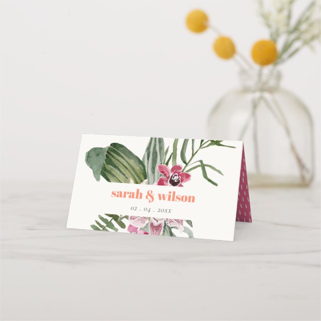 Vibrant Boho Peach Blush Tropical Floral Wedding Place Card (Front)