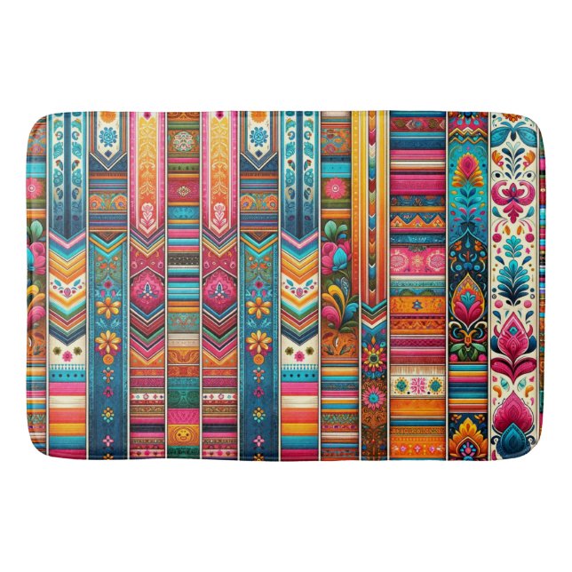 Vibrant Boho Stripes: Eclectic Textile Art Bath Mat (Front)