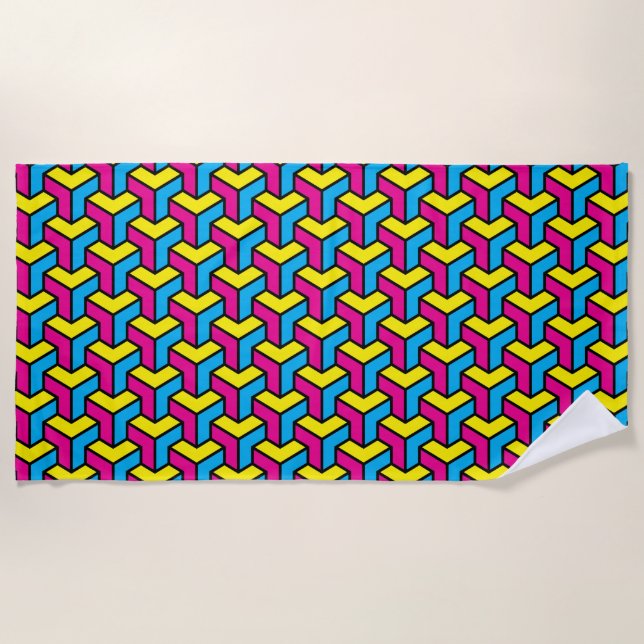 Vibrant Bold CMYK Geometric Optical Illusion Block Beach Towel (Front)