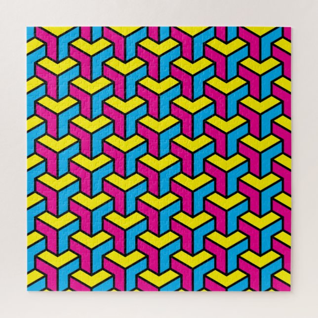 Vibrant Bold CMYK Geometric Optical Illusion Block Jigsaw Puzzle (Vertical)