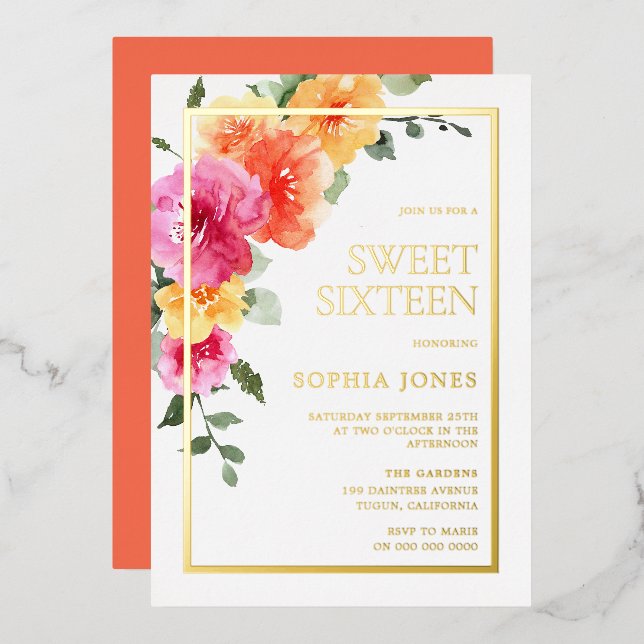 Vibrant Bold Colourful Floral Sweet 16 Party (Front/Back)