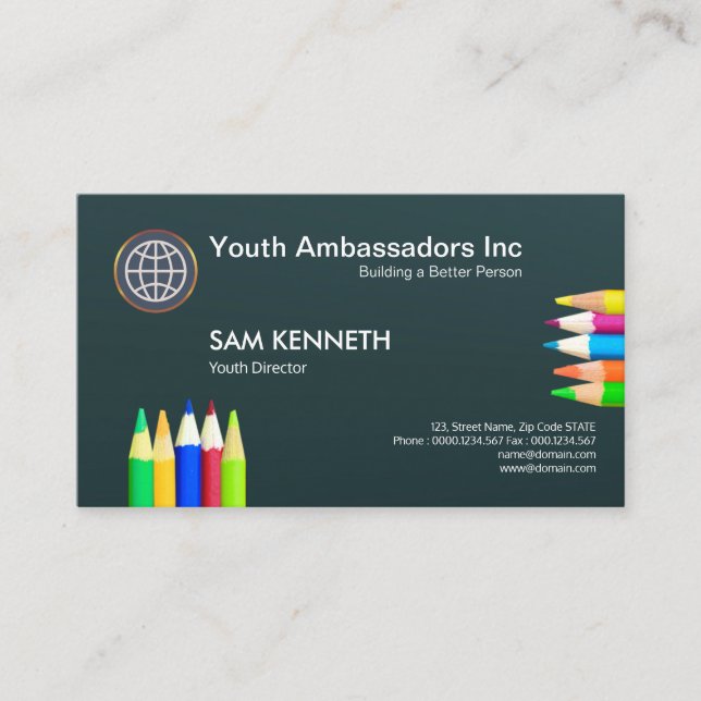 Vibrant Bold Colourful Pencil Youth Director Business Card (Front)