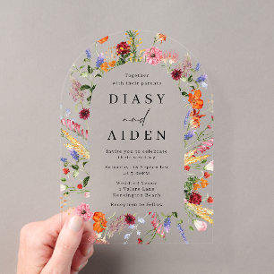 Vibrant Bold Watercolor Wildflowers Wedding Acrylic Invitations