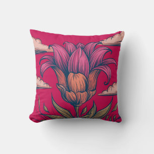 Vibrant Botanical Illustration with Pink and Orang Throw Pillow