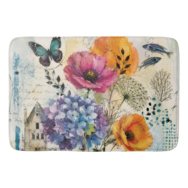 Vibrant Botanical Mixed Media Collage Art Bath Mat (Front)