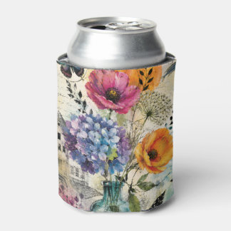 Vibrant Botanical Mixed Media Collage Art Can Cooler