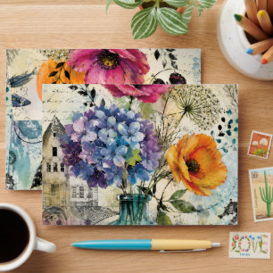 Vibrant Botanical Mixed Media Collage Art Envelope