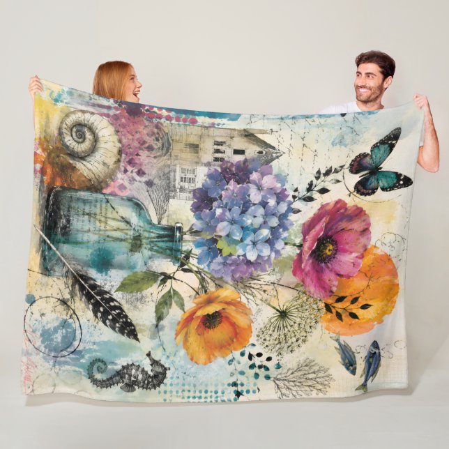 Vibrant Botanical Mixed Media Collage Art Fleece Blanket (In Situ)