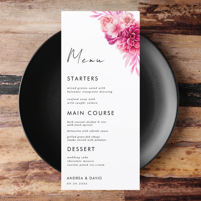 Vibrant Bright Hot Pink Floral Botanical Wedding Menu (Creator Uploaded)