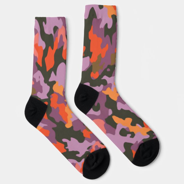 Vibrant Bright Orange Yellow Green Colourful Camo Socks (Right)