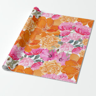 Vibrant Bright Pink and Orange Floral Bloom Gift Wrapping Paper