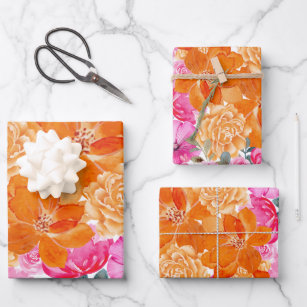 Vibrant Bright Pink and Orange Floral Bloom Gift Wrapping Paper Sheet
