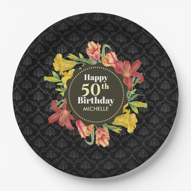 Vibrant Bright Spring Flowers Wreath Birthday Paper Plate (Front)