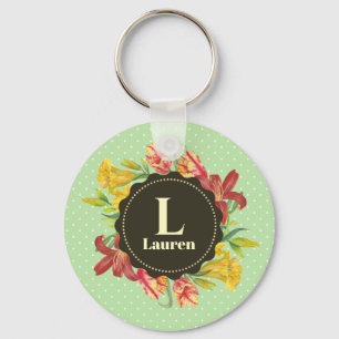 Vibrant Bright Spring Flowers Wreath Monogram Keychain