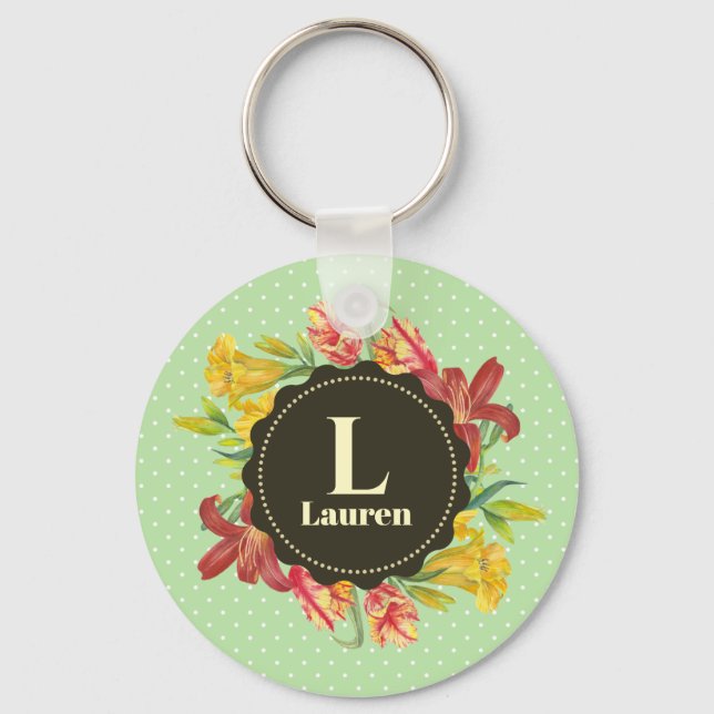 Vibrant Bright Spring Flowers Wreath Monogram Keychain (Front)