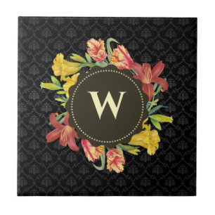 Vibrant Bright Spring Flowers Wreath Monogram Tile