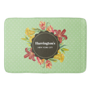 Vibrant Bright Spring Flowers Wreath Polka Dots Bath Mat