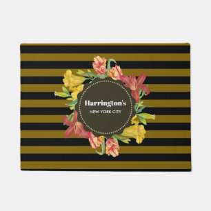 Vibrant Bright Spring Flowers Wreath Stripes Doormat