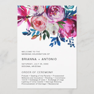 Vibrant Bright Teal Pink Floral Modern Wedding Program