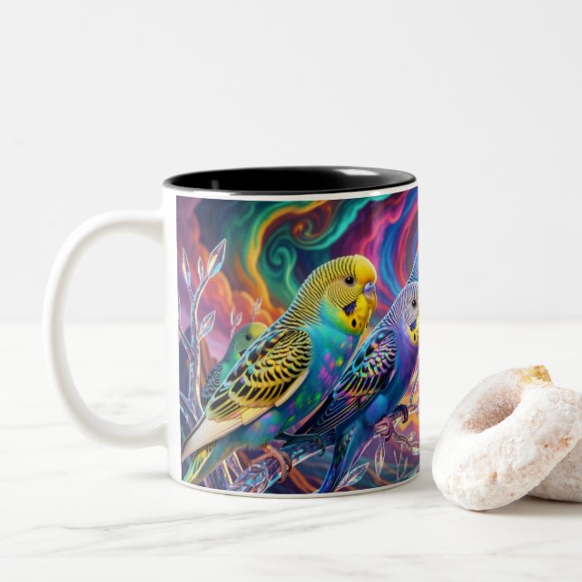 Vibrant Budgies Print, Value (Semi-Gloss) Two-Tone Coffee Mug (With Donut)