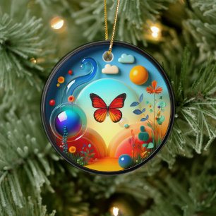 Vibrant Butterfly Fantasy Garden Ceramic Ornament