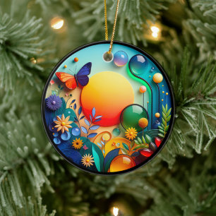 Vibrant Butterfly Fantasy Garden Ceramic Ornament