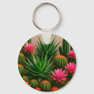 Vibrant Cactus Succulent Bloom Desert Keychain