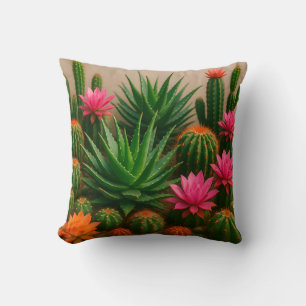 Vibrant Cactus Succulent Bloom Desert Throw Pillow