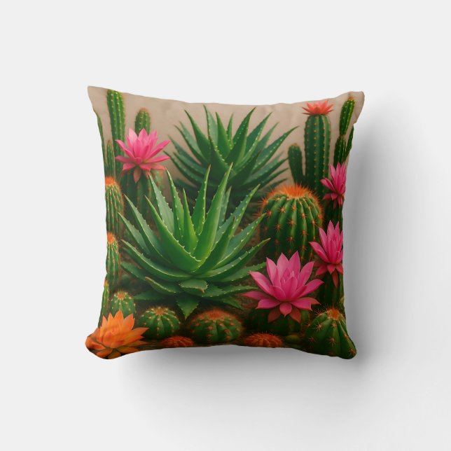 Vibrant Cactus Succulent Bloom Desert Throw Pillow (Front)