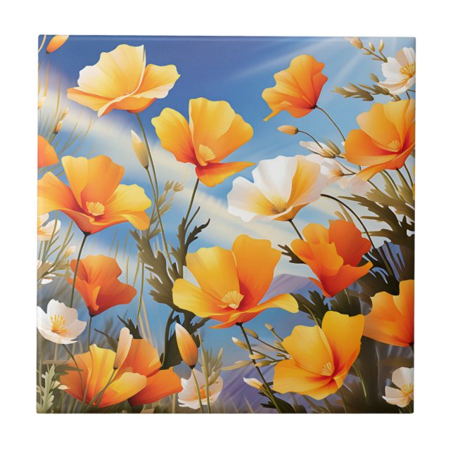 Vibrant California Poppies Meadow Tile (Front)