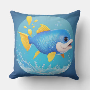 Vibrant Cartoon Fish with Splash Throw Pillow