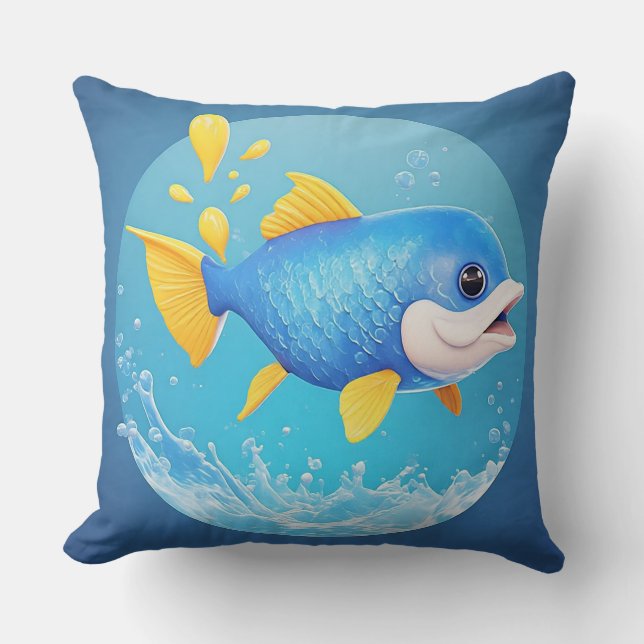 Vibrant Cartoon Fish with Splash Throw Pillow (Front)