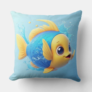 Vibrant Cartoon Fish with Splash Throw Pillow
