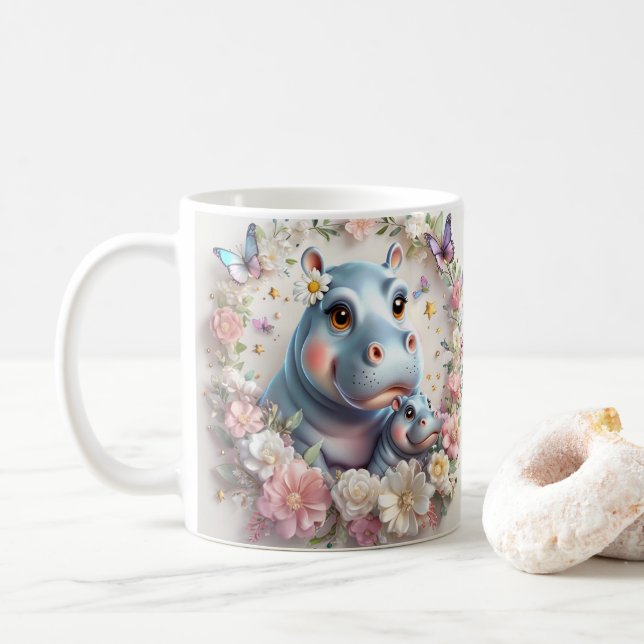Vibrant Cartoon Hippos Celebrating Mother's Day Coffee Mug (With Donut)