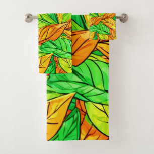 Vibrant Cartoon Leaves: Orange & Green Bath Towel Set