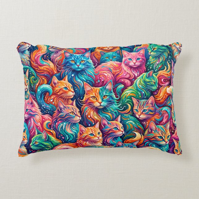Vibrant Cat Dreamscape – Psychedelic Boho Accent Pillow (Front)