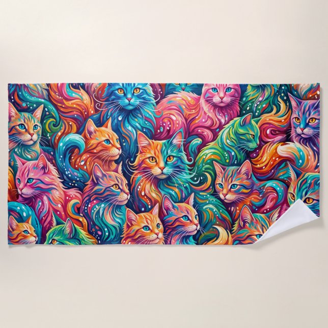 Vibrant Cat Dreamscape – Psychedelic Boho Beach Towel (Front)