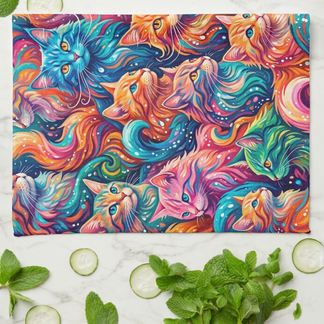 Vibrant Cat Dreamscape – Psychedelic Boho Kitchen Towel (Folded)