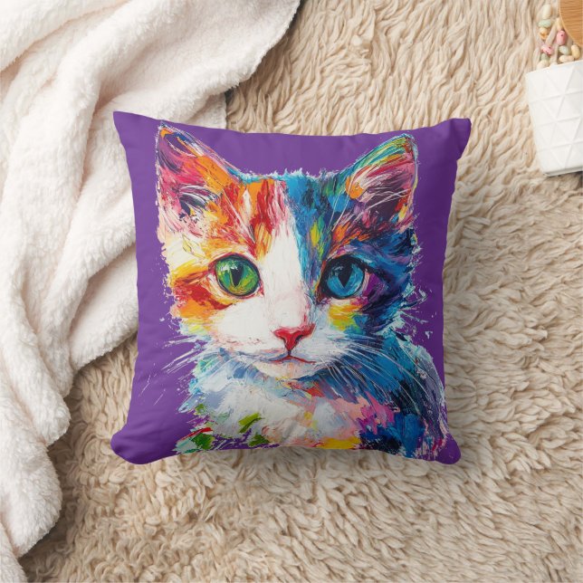 Vibrant Cat Face Decorative Pillow - Colourful (Blanket)