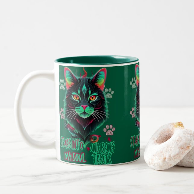 Vibrant Cat Face Fusion Two-Tone Coffee Mug (With Donut)