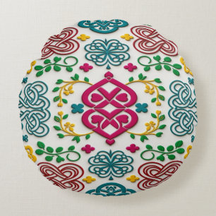 Vibrant Celtic Heart & Knot Floral Symphony Round Pillow