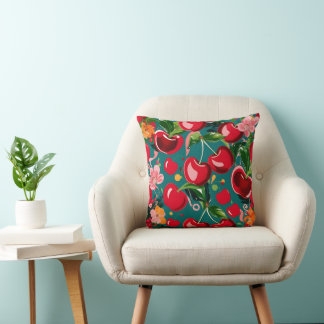 Vibrant Cherry & Floral Pattern on Teal Background Throw Pillow