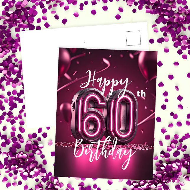 Vibrant Chic Neon Pink 60th Birthday Postcard (Creator Uploaded)