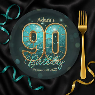 Vibrant Chic Teal Gold Metallic 90th Birthday Paper Plate