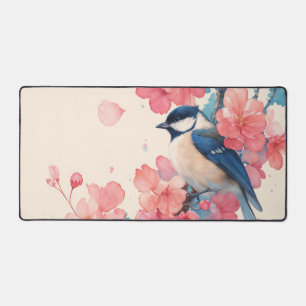 Vibrant Chickadee Hot Pink Cherry Blossom Desk Mat