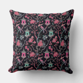 Vibrant Chinoiserie Pagoda and Birds Throw Pillow