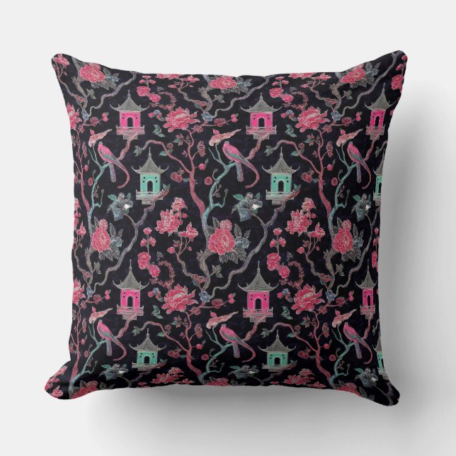 Vibrant Chinoiserie Pagoda and Birds Throw Pillow (Front)