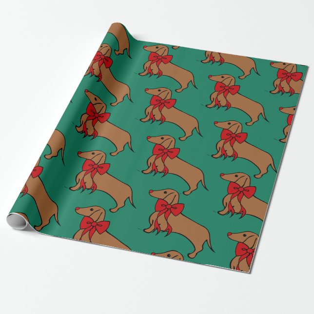 Vibrant Christmas Dachshund Wrapping Paper (Unrolled)