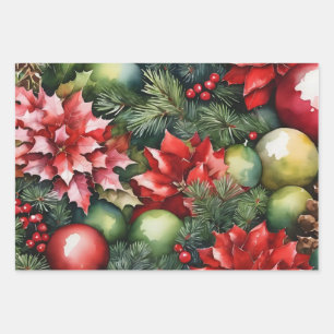 Vibrant Christmas Ornaments, Poinsettia, Berries  Wrapping Paper Sheet